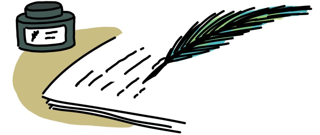 writing with feather and inkpot